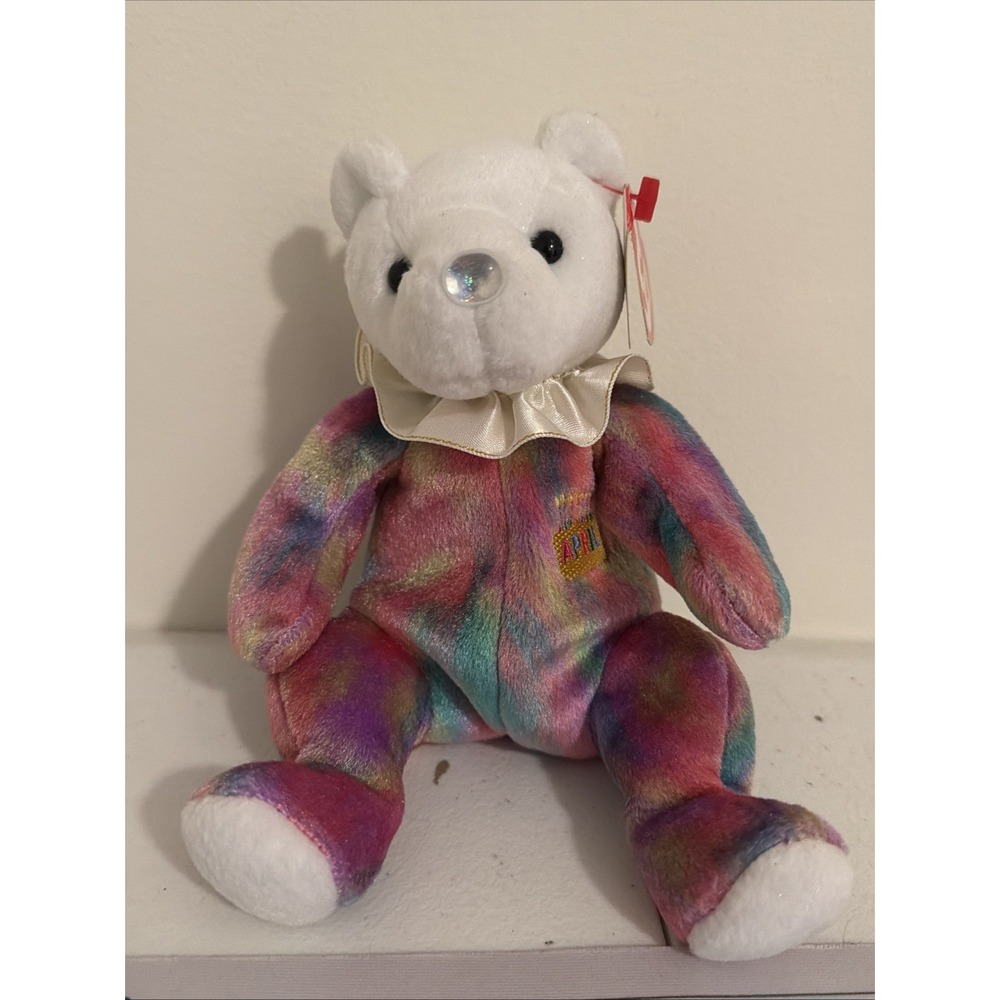 Ty Beanie Baby April the Teddy Birthday Bear Tie Dye Birthstone Nose 2001